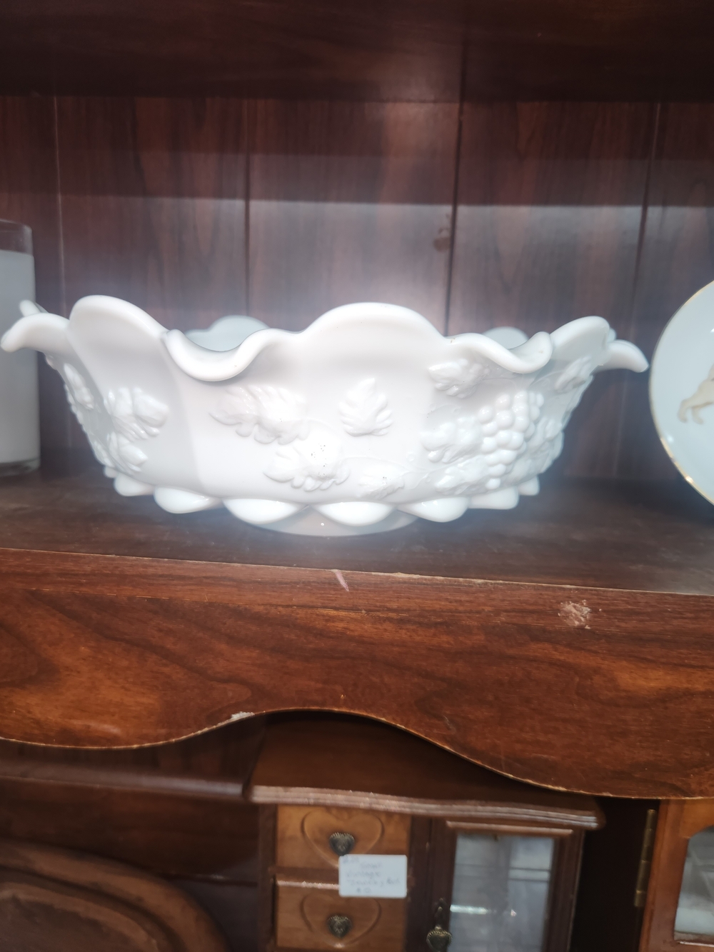 White Decorative Milk Glass Bowl with Scalloped Edge